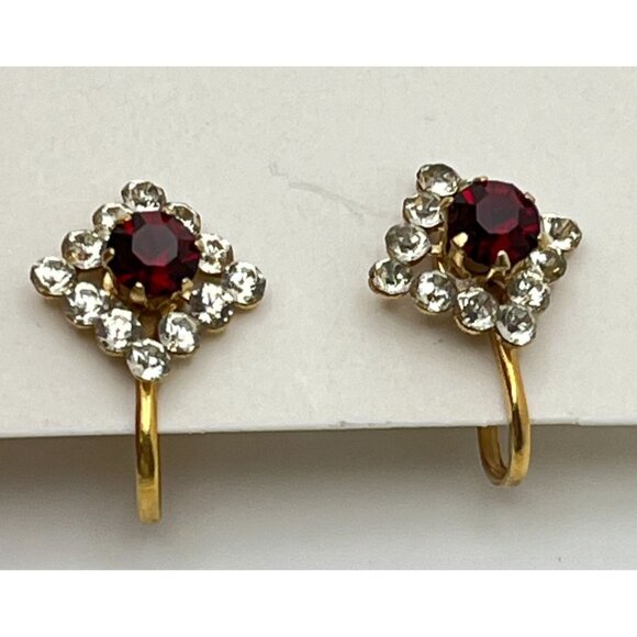 Vintage Gold Electroplate Red Rhinestone Earrings Screw Back Studs - Picture 6 of 6